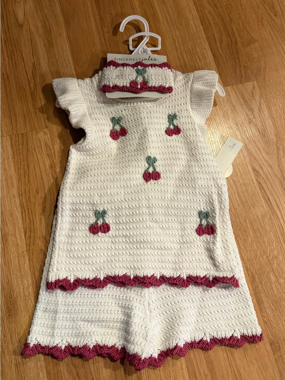 NEW Sincerely Jules Girl Crochet-Style Knit Short Set - 100% Cotton-Cherries- 4T